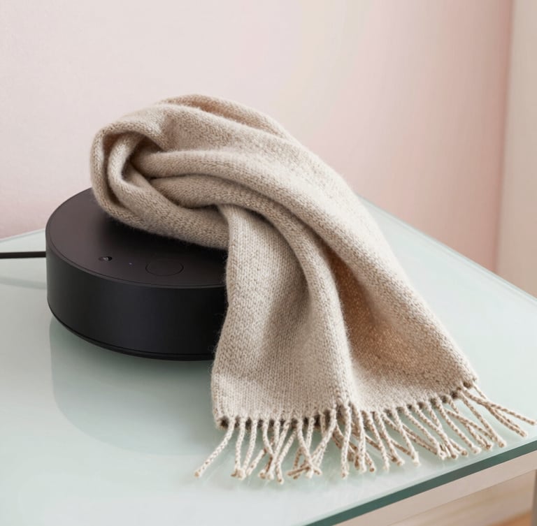Close-up of a custom-woven wool scarf draped elegantly over a sleek, matte-black smart home hub on a frosted glass surface, soft natural light, pastel-toned minimalist background