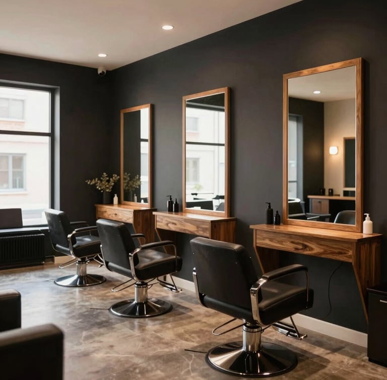 Wide environmental shot of the clean, welcoming salon interior with dark charcoal walls, rich amber wooden accents, and warm studio lighting reflecting off mirrors.