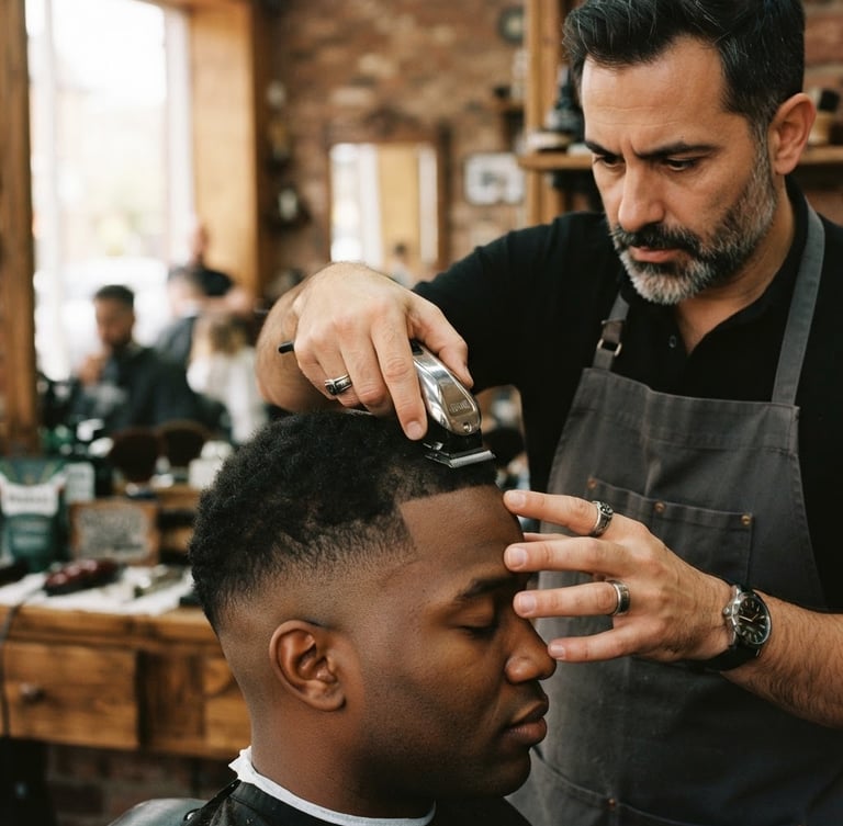 A close-up of a master barber performing a precision fade, warm natural window light, rich amber and charcoal tones, 35mm lens