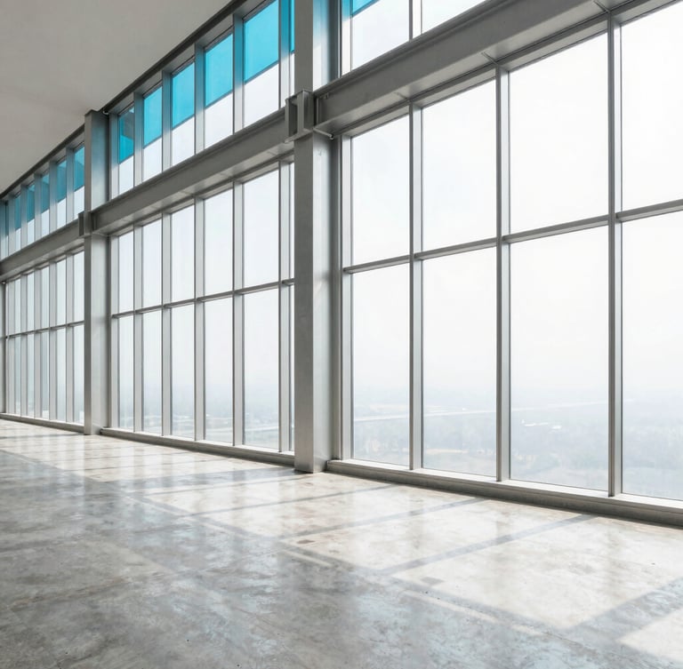 Sharp architectural photo of a newly finished modern building interior, polished concrete floors reflecting bright daylight, clean stainless steel frames, pristine windows