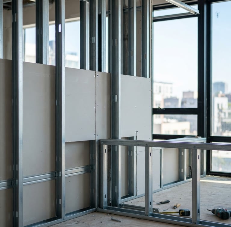 Close-up of structured steel framing and drywall installation in progress, bright natural daylight streaming through window openings, sharp architectural details