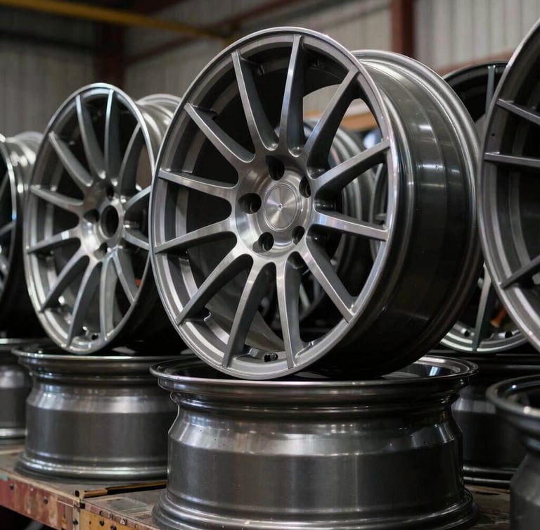Tight macro shot of premium multi-piece wheel faces stacked in a clean, high-contrast Detroit warehouse, dramatic side-lighting emphasizing metallic contours