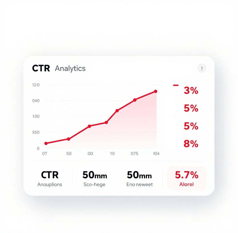 Front-on clean UI mockup of a creator analytics dashboard on a stark white background, showing CTR growth curves and high-contrast red metrics, 50mm lens, bright high-key studio lighting