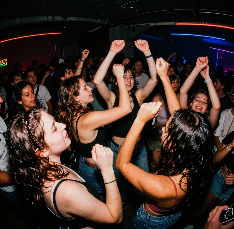 Low-angle fisheye flash photography of a packed underground 90s street party, sweat-glistening crowd dancing under high-contrast neon club lighting, deep shadows.