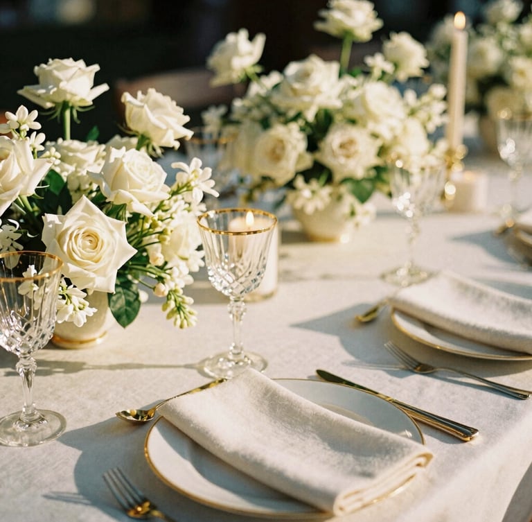 Editorial close-up of a luxury wedding table setting, gold-rimmed crystal glasses, heavy ivory linen napkins, architectural floral arrangements with white roses and jasmine, soft candlelight, warm golden hour, 35mm photography