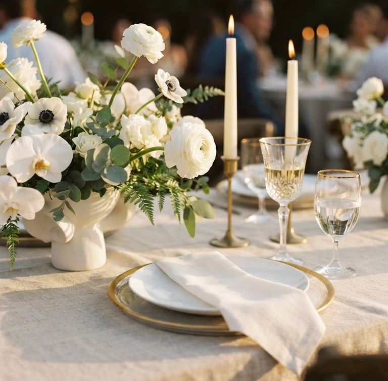 Close-up of a luxurious, minimal table setting with gold-rimmed crystal glasses, ivory taper candles, and architectural white floral arrangements under warm evening light, 35mm