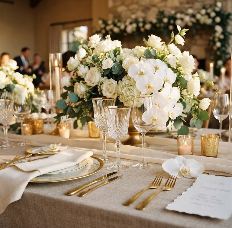 Close-up of a premium wedding table setup, heavy linen tablecloth, delicate gold-rimmed crystal glasses, architectural floral design with white orchids, warm candlelight, 35mm editorial photography.
