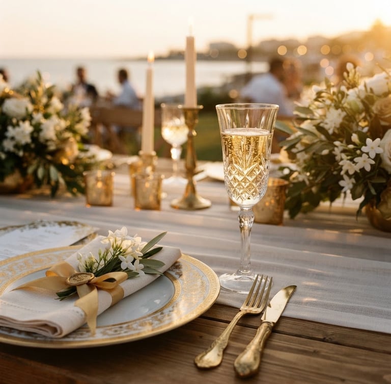An elegant, close-up editorial shot of a luxury wedding table setting in Mersin, warm golden hour light reflecting off crystal glassware, delicate white jasmine and gold accents, shallow depth of field, 35mm