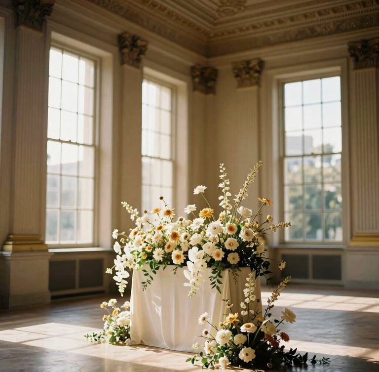 Architectural floral installation in a grand historic hall, high ceilings, warm golden hour light streaming through tall windows, soft shadows, luxury event setup, editorial 35mm.
