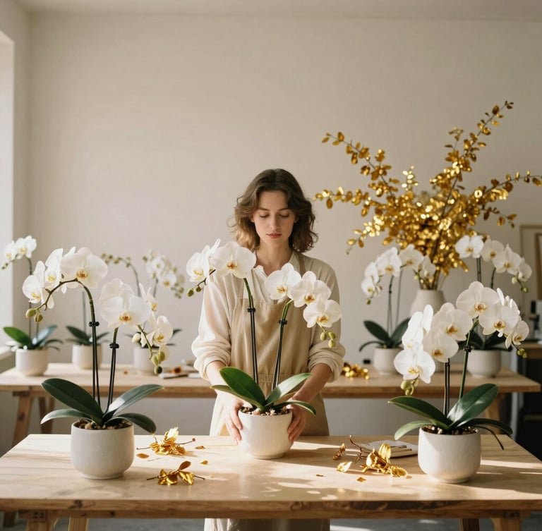An elegant portrait of a floral designer arranging high-end white orchids and golden branches in a minimalist, sunlit high-ceiling atelier, warm editorial photography, 35mm.