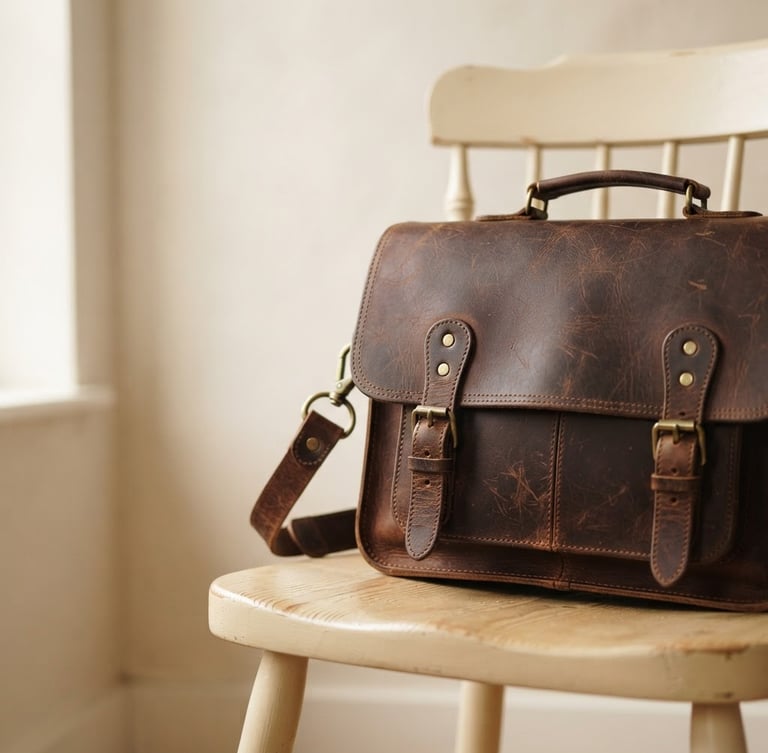 minimalist product photography of a premium vintage leather bag on a warm cream wooden chair, soft natural daylight, negative space on the left, 50mm