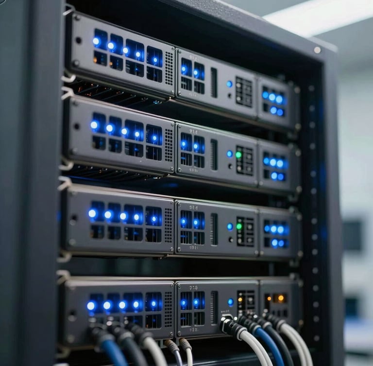 Macro close-up of a high-performance computing server rack, clean blue indicator lights, structured cabling, clinical laboratory environment.