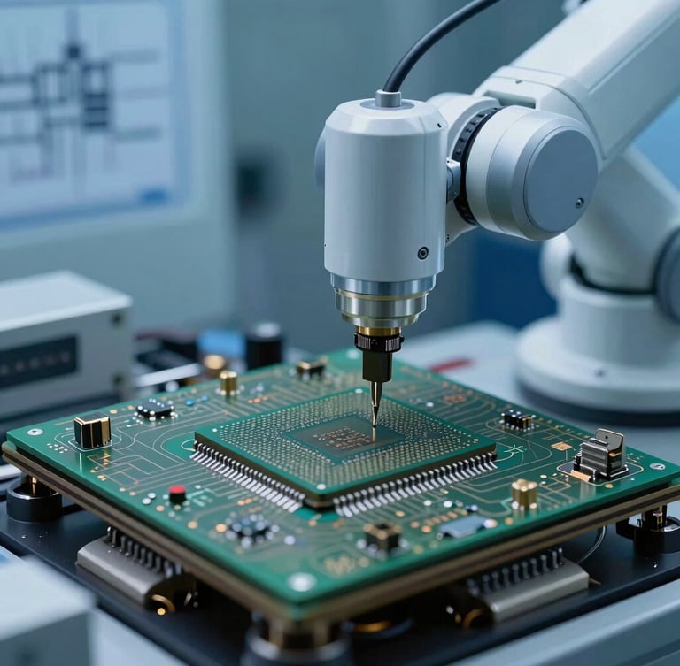 Macro close-up of a cleanroom robotic arm assembling a silicon microchip, cool clinical blue and green lighting, precise technical blueprint aesthetic.