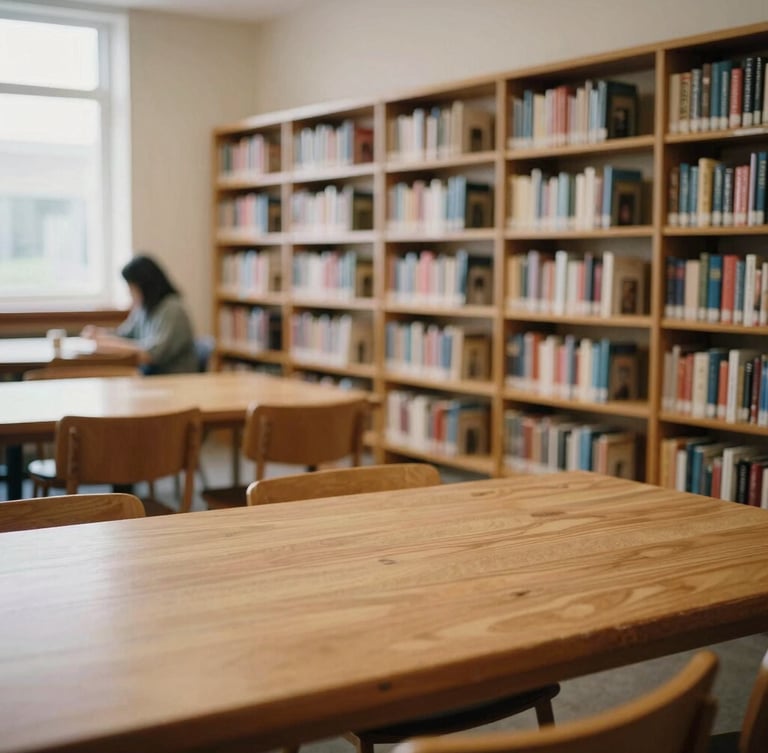 A quiet, warm editorial photograph of a sunlit community library, soft focus on wooden tables and bookshelves, natural daylight, 35mm.
