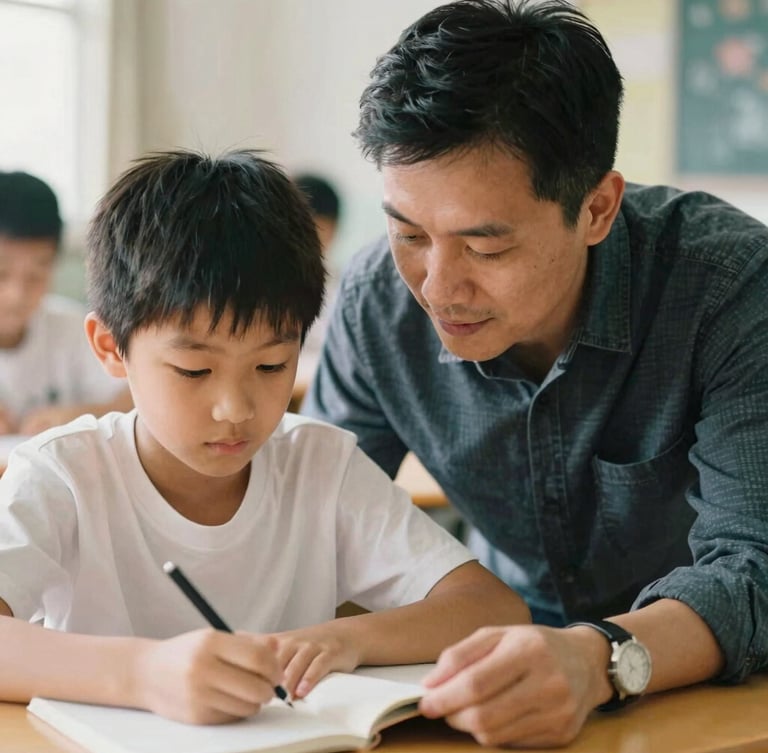 A close-up candid photo of a mentor guiding a young student in a sunlit classroom, warm 35mm editorial style, shallow depth of field.