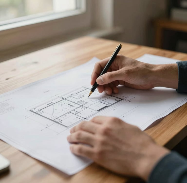 A close-up candid shot of hands reviewing architectural blueprints on a wooden table, warm natural light streaming from a window, shallow depth of field, 35mm.
