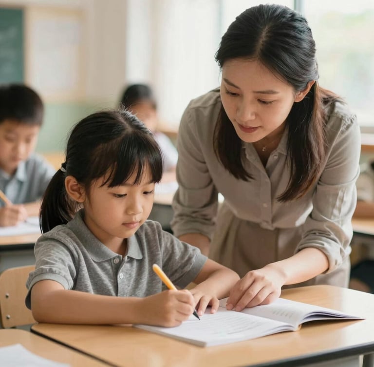 Candid medium shot of an educator guiding a young student in a bright, sunlit classroom, warm natural light, shallow depth of field, 35mm.