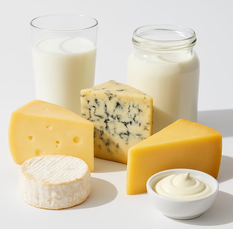 Straight-on product shot of bulk gourmet cheeses and premium dairy products arranged neatly on a crisp white background, bright natural daylight, sharp focus, 50mm lens.