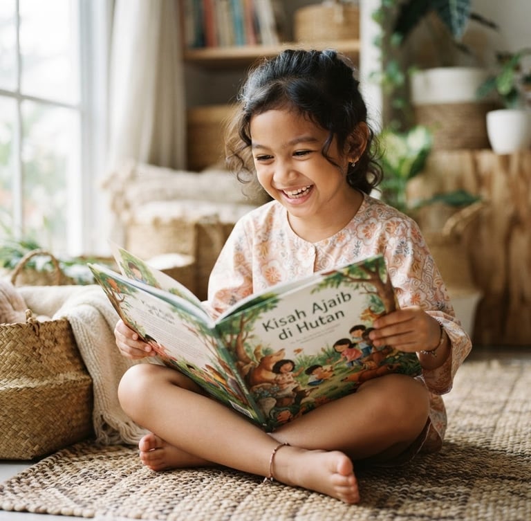 Warm editorial photography of a young Indonesian child smiling while reading a beautifully illustrated book, soft natural morning daylight, gentle pastel cream tones, shallow depth of field, 35mm