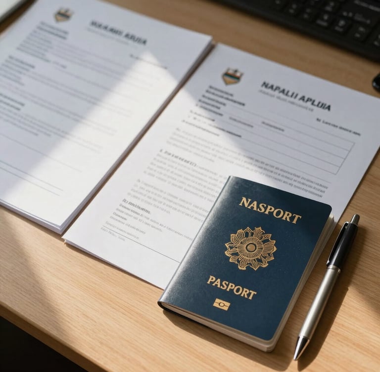 Overhead view of neatly organized official documents, a Namibian passport, and a clean pen on a bright wooden desk, natural morning light casting soft shadows.