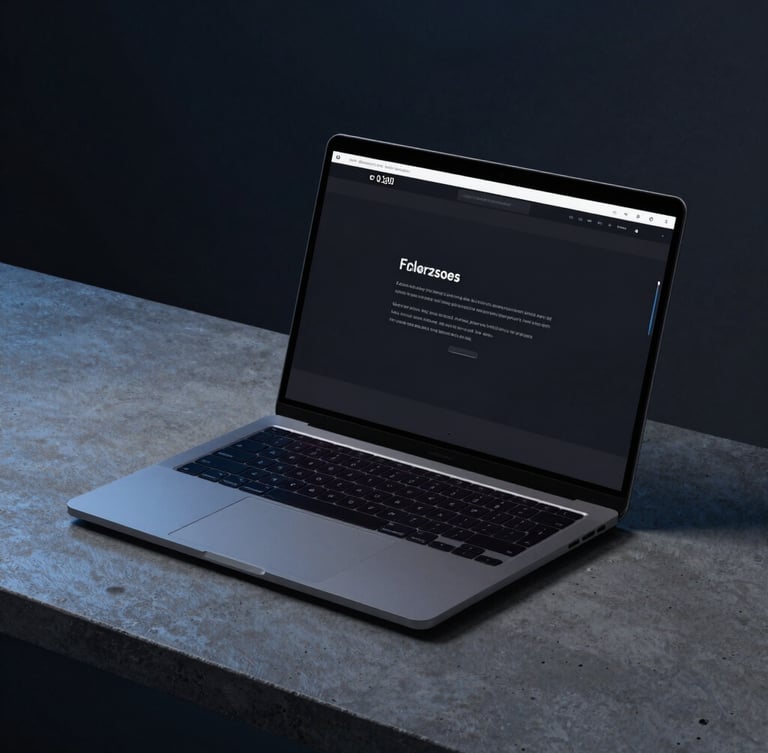 A sleek, minimalist laptop displaying a dark-mode website interface on a concrete desk, cool-toned studio lighting with electric blue accents.
