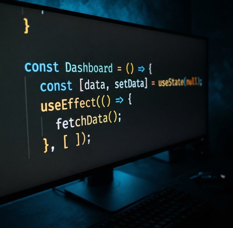Macro close-up of clean, syntax-highlighted React code on a dark monitor, electric blue ambient glow, sharp focus, low-key dramatic studio lighting