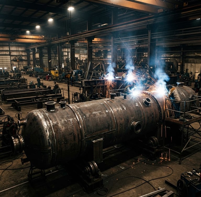Wide panoramic shot of a massive heavy-gauge steel pressure vessel on turning rolls in a fabrication bay, intense welding arcs in the background, high-contrast workshop lighting, raw steel and amber sparks, sharp focus, 35mm