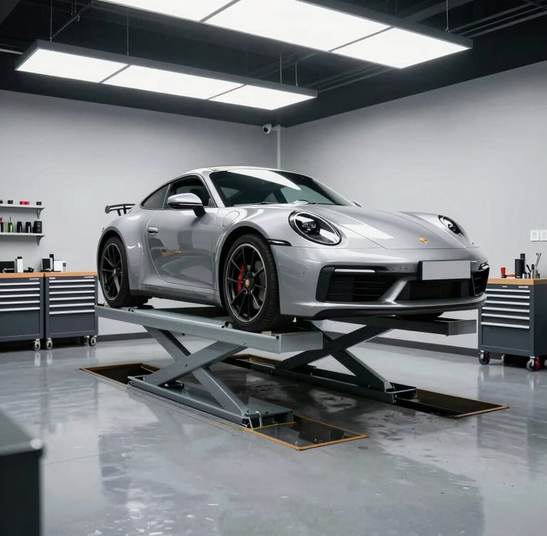 Spotless high-tech automotive service bay, a modern silver Porsche 911 on a hydraulic lift, polished concrete floor reflecting cool overhead LED panel lights, organized tool cabinets in the background