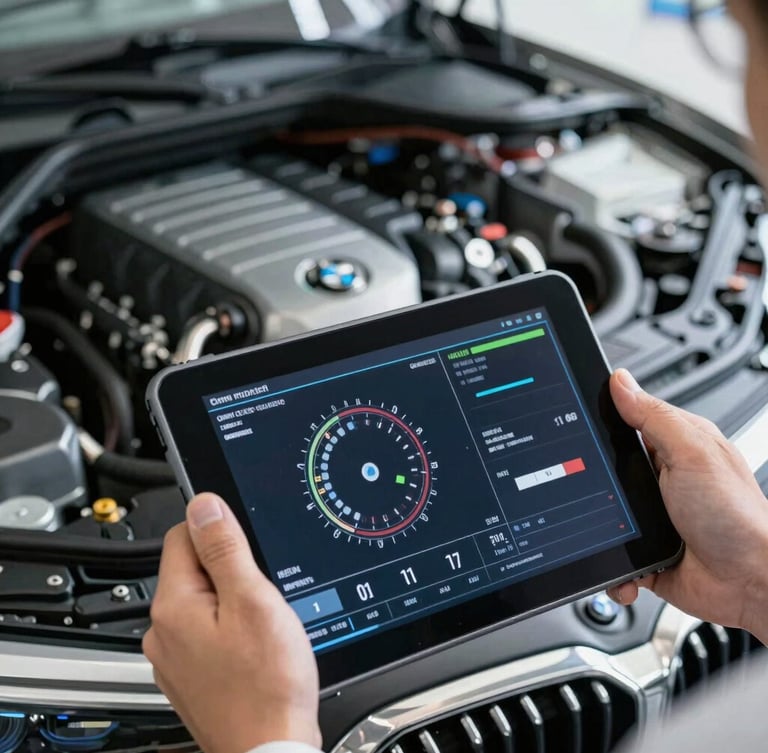 Macro close-up of a technician holding a diagnostic tablet showing real-time engine telemetry, clean hands, a modern BMW engine bay blurred in the background, cool metallic lighting