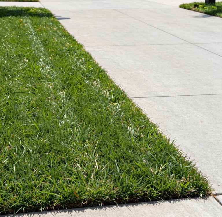 Straight-on clean-cut lawn edge bordering a neat concrete driveway in Northeast Philadelphia, bright morning daylight, crisp green grass, professional landscaping stripes.