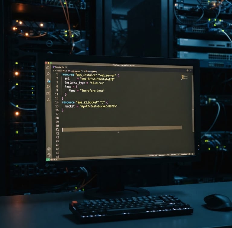 Medium close-up of a clean terminal screen displaying structured Terraform code, soft orange and blue ambient glow from server racks in the background, cool crisp studio lighting, sharp focus, 35mm