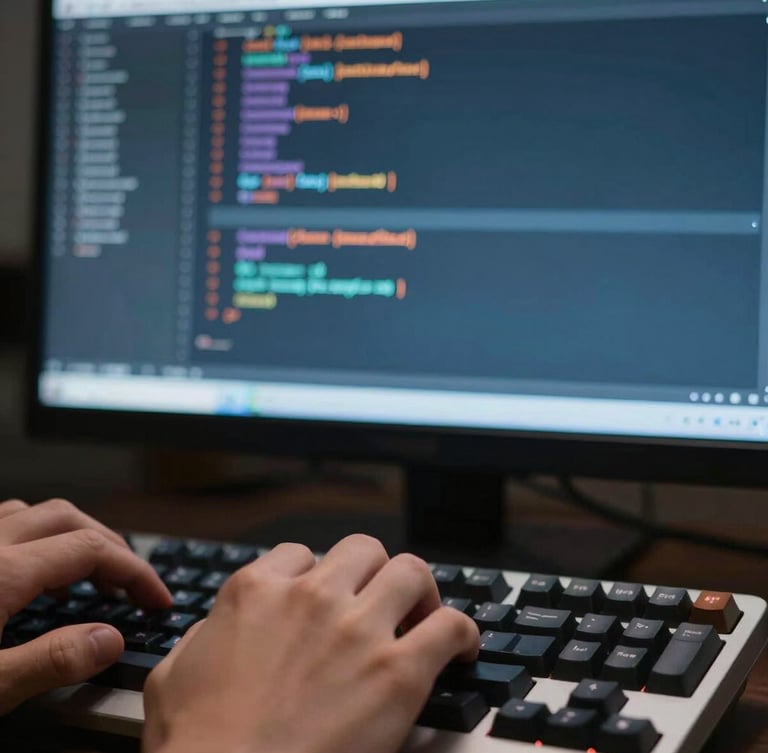 Close-up of a developer's hands typing on a mechanical keyboard, terminal screen with clean structured code in the background, 35mm.