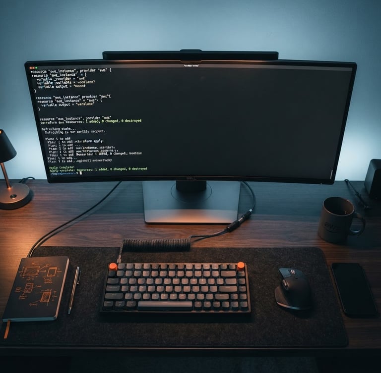 Overhead view of an engineer's clean desk setup, terminal screen displaying active Terraform scripts, subtle orange glow, cool desaturated blue ambient lighting, sharp focus, 35mm.