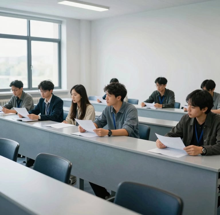 Wide shot of a modern university seminar room, bright natural daylight, researchers discussing technical papers, cool slate tones, 35mm