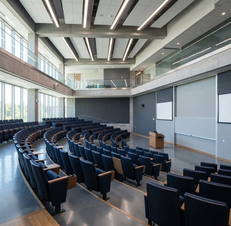 A crisp architectural shot of the modern university lecture hall venue, cool slate and blue tones, bright natural daylight, sharp focus, 35mm
