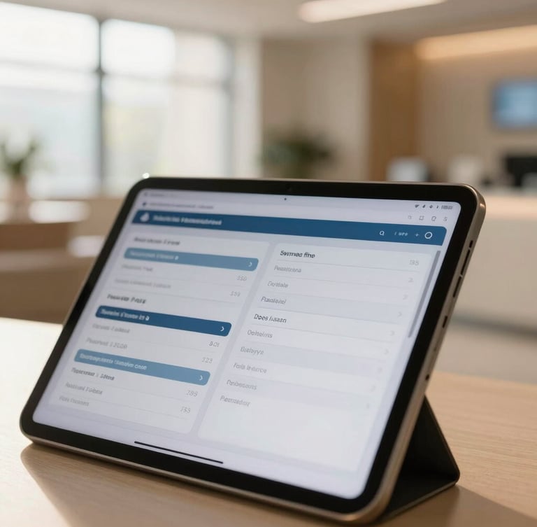 A close-up of a modern tablet displaying healthcare scheduling analytics, warm morning light reflecting off clean glass, architectural details of a medical center in the soft-focus background, 35mm.