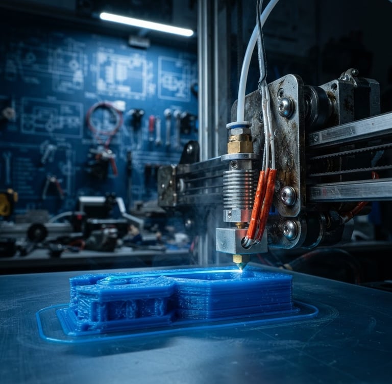Sharp macro shot of an active FDM 3D printer nozzle extruding precise layers, cool-toned task lighting, blueprint-blue background, high-contrast mechanical details
