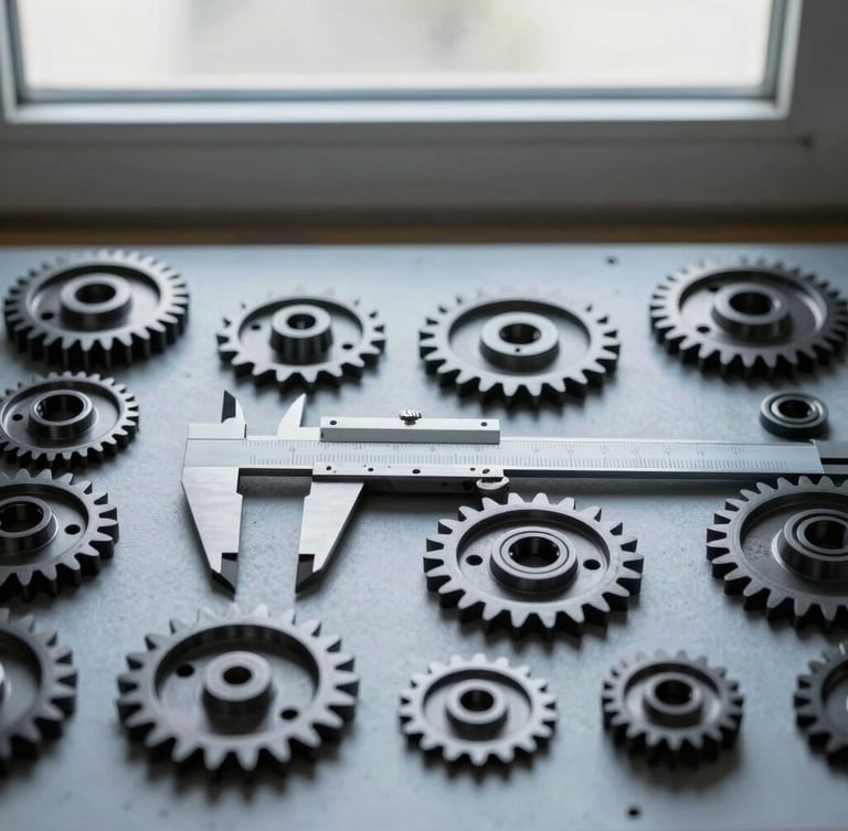 Overhead flat-lay of disassembled mechanical model parts, calipers measuring a 3D printed gear, cool-toned workshop window light, high technical texture