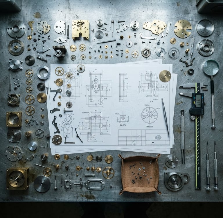 Overhead flat-lay of disassembled mechanical model parts, precision calipers, and technical blueprints on a steel workbench under cool task lighting.