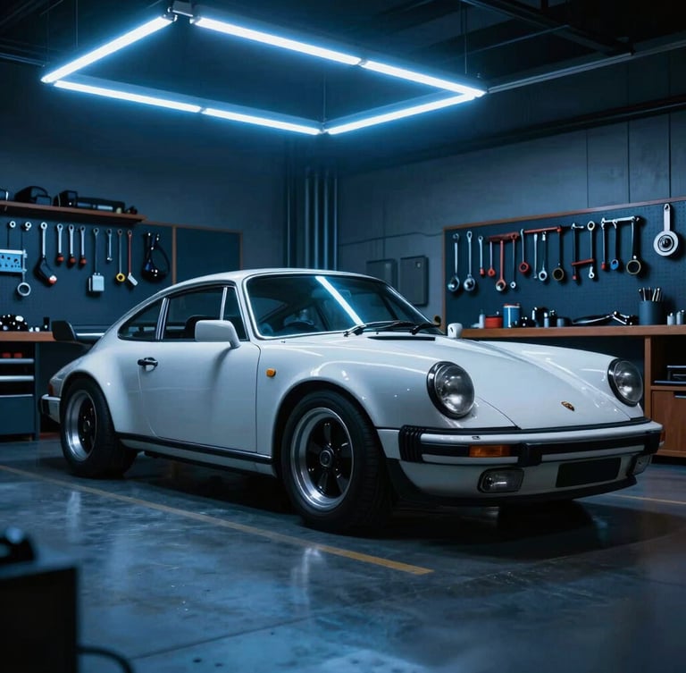 Dynamic low-angle shot of a classic sports car parked inside a moody, high-end workshop with electric blue neon overhead lighting, tools neatly organized in the background, 35mm lens.