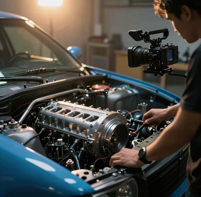 Close-up of a creator filming technical details of a custom engine bay in a moody workshop, professional camera rig, dramatic golden-hour light flares