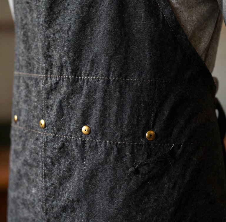 Close-up of a heavy charcoal canvas apron being stitched under warm side-light, brass rivets glinting, 35mm editorial textile photography