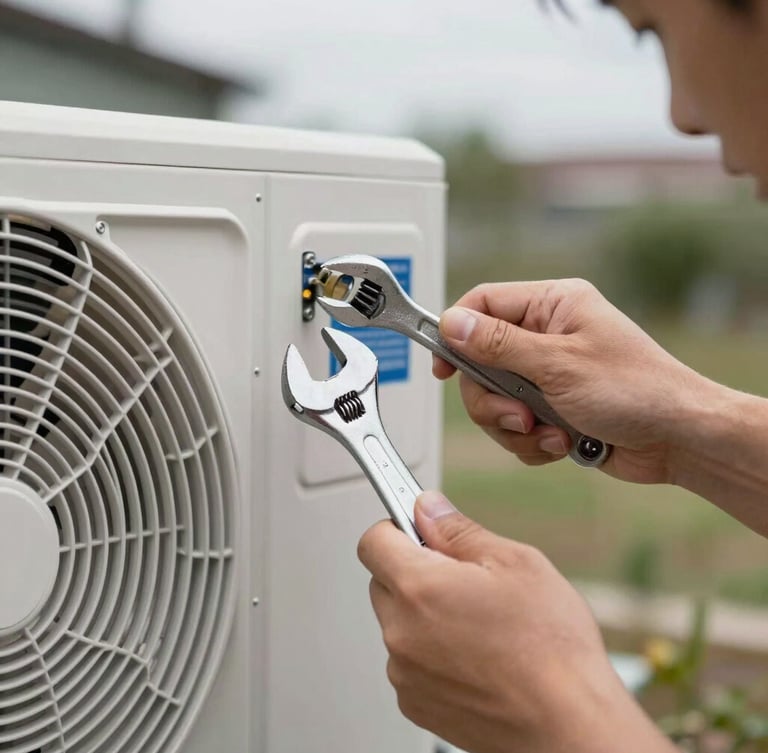 Close-up macro shot of an artisan's hands installing a modern heat pump outdoor unit, holding a wrench, overcast natural French daylight, technical precision focus.