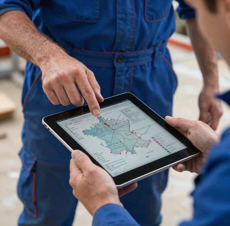 Vue aérienne rapprochée de mains d'artisan en bleu de travail tenant une tablette affichant une carte technique de France, lumière du jour naturelle, ambiance chantier.