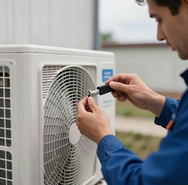 Close-up of hands of an RGE certified heating engineer installing a modern heat pump, metallic textures, natural overcast daylight, high-trust industrial framing.