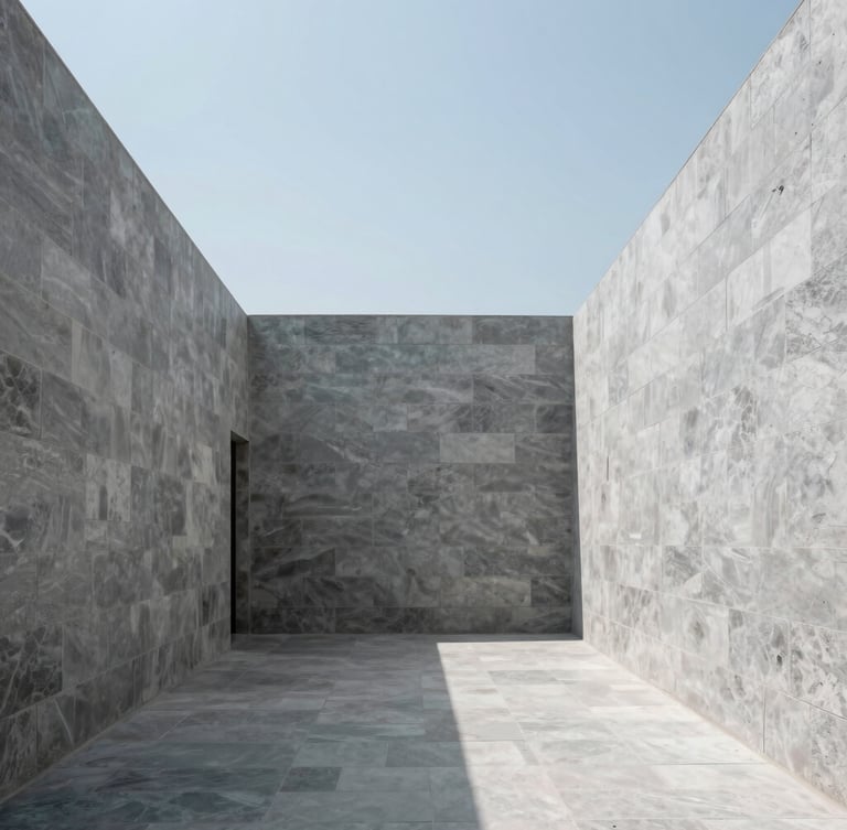 Minimalist Mexican architectural courtyard with clean lines, soft natural daylight reflecting on cool gray stone walls, 35mm lens, architectural photography