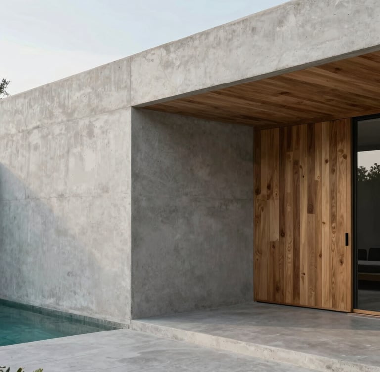 Clean minimalist Mexican villa with strong architectural lines, concrete and warm wood, soft natural afternoon light, 35mm lens