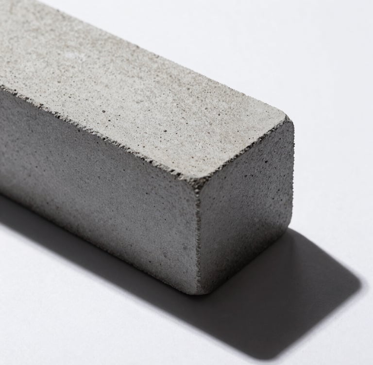 Extreme close-up of a textured gray concrete block casting a sharp, geometric shadow across a pure white surface, cool studio light.