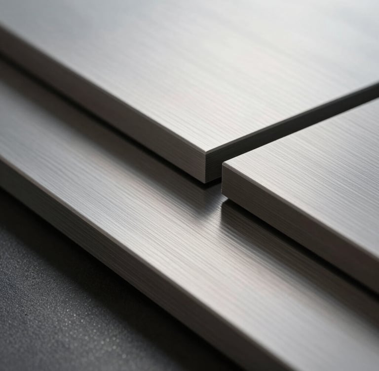 Macro close-up of premium brushed steel panels with sharp geometric shadows, clean architectural lines, cool diffused light.
