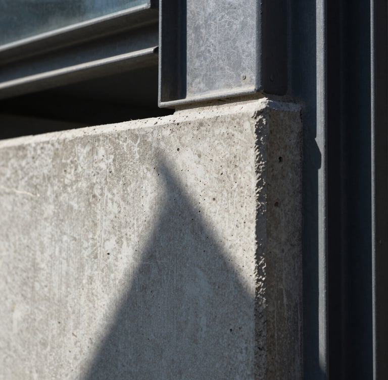 Extreme close-up of raw concrete corner meeting a dark steel frame, sharp geometric shadow, hard direct sunlight, architectural detail